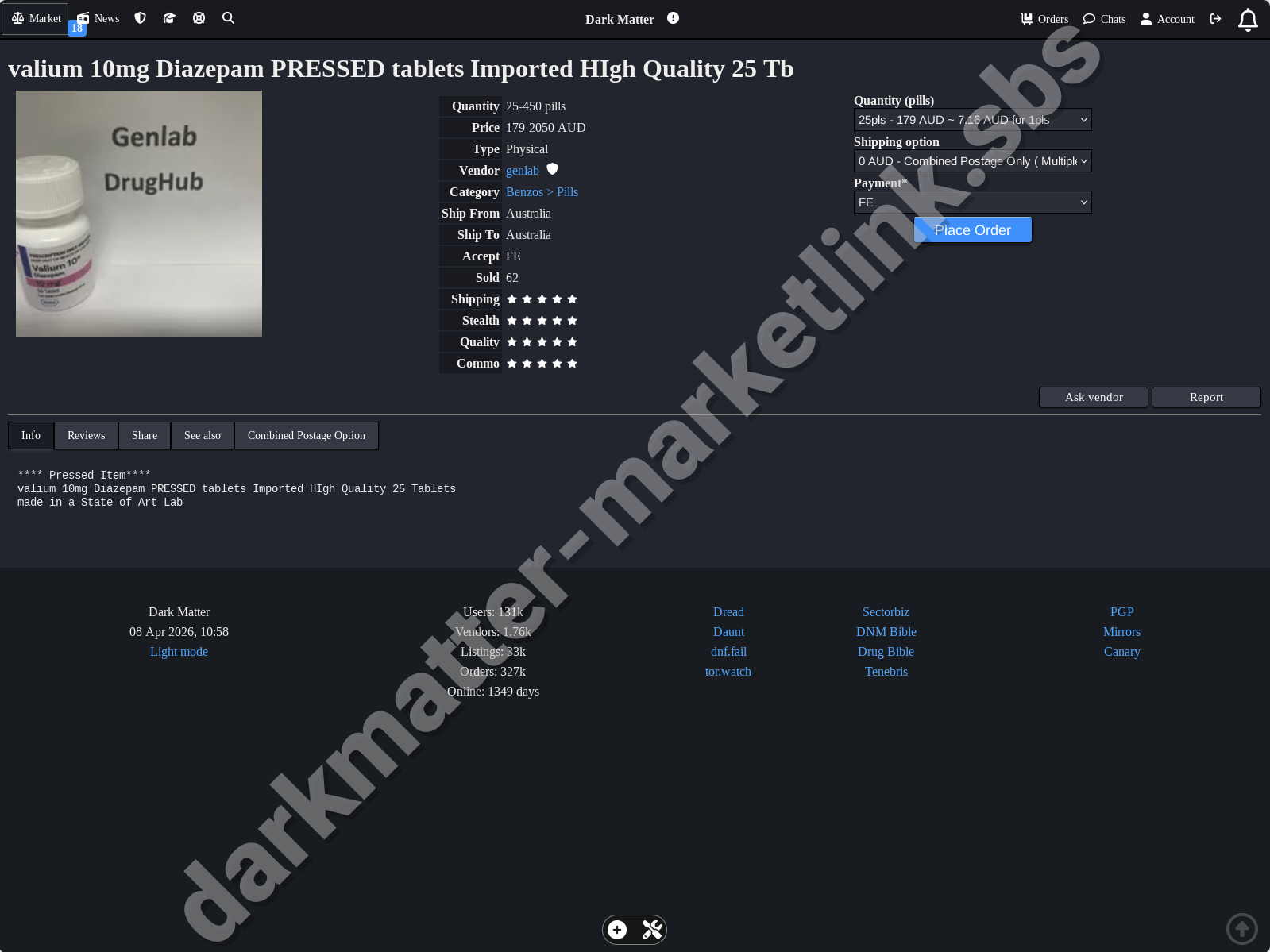 Product listing example on Dark Matter Market Link
